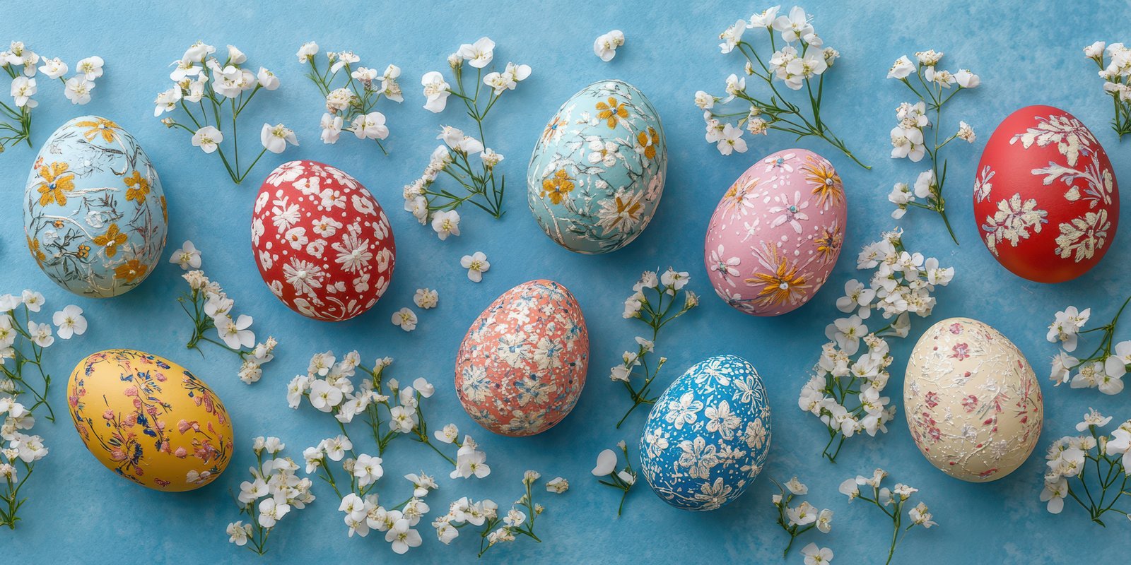 Colorful decorated eggs arranged with white flowers on a blue background for spring celebration